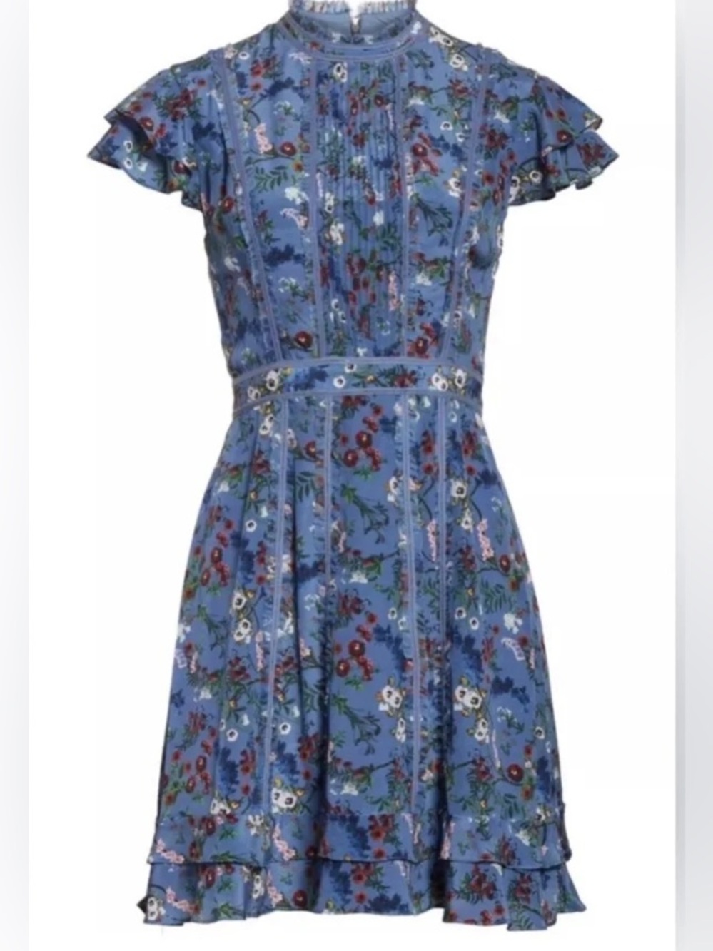 Alice + Olivia Blue Floral Ruffle Sleeve Fit-and-Flare Dress - Picture 3 of 9